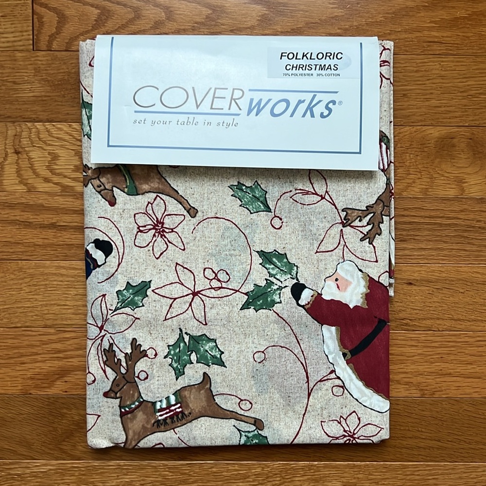 NEW~ Folkloric Christmas Tablecloth - Folk Art Santa, Reindeer & Poinsettias